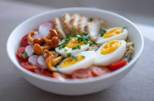 Bowl of noodles with chicken, eggs, and vegetables